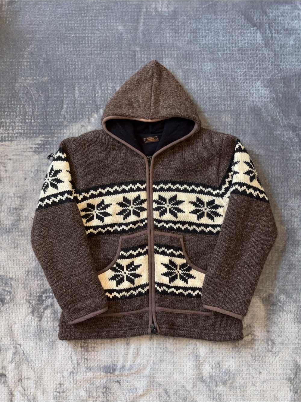 Rising International Men’s M 100% Wool Hooded Full Zip Sweater Brown/Cream Nepal